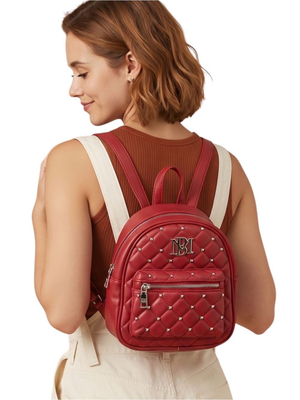 Badgley Mischka NWT Vegan Leather Studded Red Quilted Backpack Purse